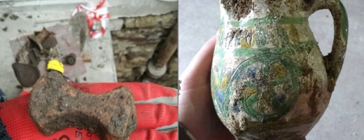 Pişcot de paviment roman (în stânga) și un vas de secol XVIII, doar două din zecile de obiecte descoperite sub Palatul din centrul Clujului. FOTO Csok Zsolt