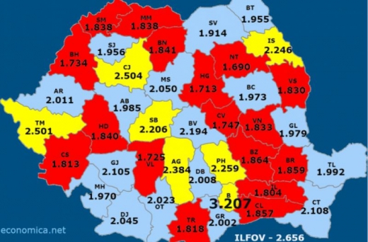 Harta salariilor din Romania, sursa: economica.net