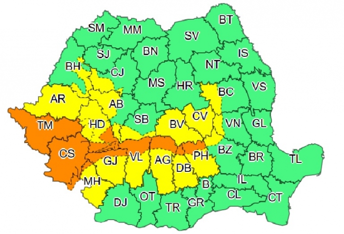 Harta aveertizare ANM cod galben / portocaliu 14-16 decembrie 2018