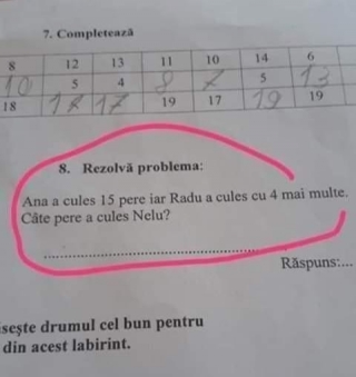 Alte manuale, alte GREȘELI! Care e problema în poză? Câte pere s-au cules sau cine e Nelu? Românii FAC HAZ DE NECAZ pe internet