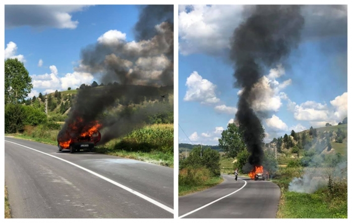 Karma! Un bărbat a dat foc vegetației, iar focul i-a cuprins Matizul, distrus în totalitate, sursă foto: Facebook Info Trafic jud. Cluj