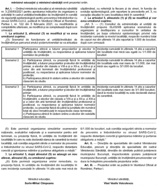 Citește aici INTEGRAL ordinul care MODIFICĂ ȘCENARIUL de funcționare al școlilor. Nu se mai închid unități de învățământ la 6 cazuri la mia de locuitori