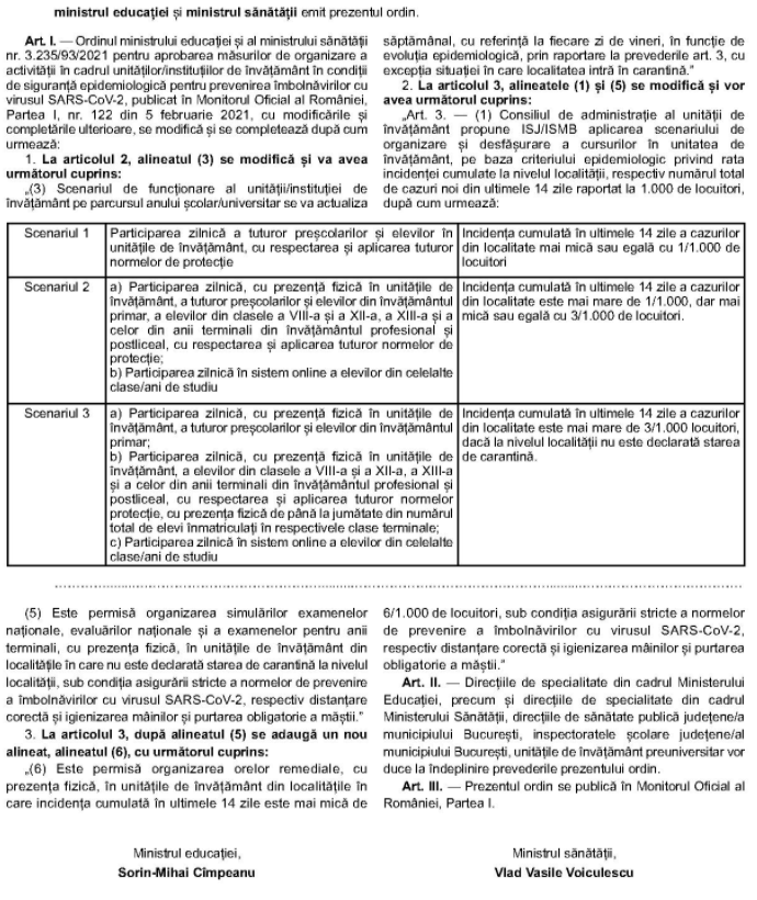 Citește aici INTEGRAL ordinul care MODIFICĂ ȘCENARIUL de funcționare al școlilor. Nu se mai închid unități de învățământ la 6 cazuri la mia de locuitori