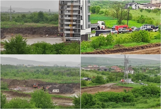 FOTO. Șantier, transformat în lac în Sopor! ISU Cluj a intervenit, deși nu era o urgență. Cine plătește?