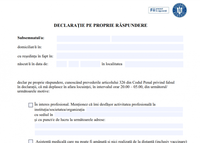 DESCARCĂ AICI declarația pe propria răspundere pentru circulația după ora 20:00