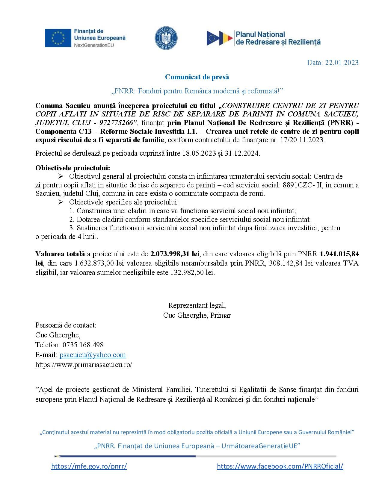 Comunicat de presă Comuna Săcuieu anunță începerea proiectului cu