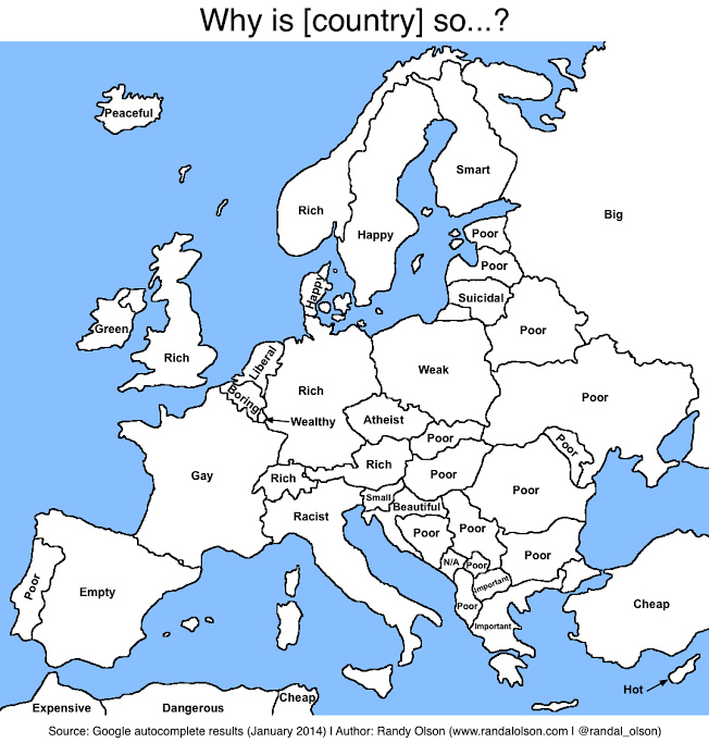 O hartă compilează trăsăturile sugerate de Google pentru fiecare ţară din Europa