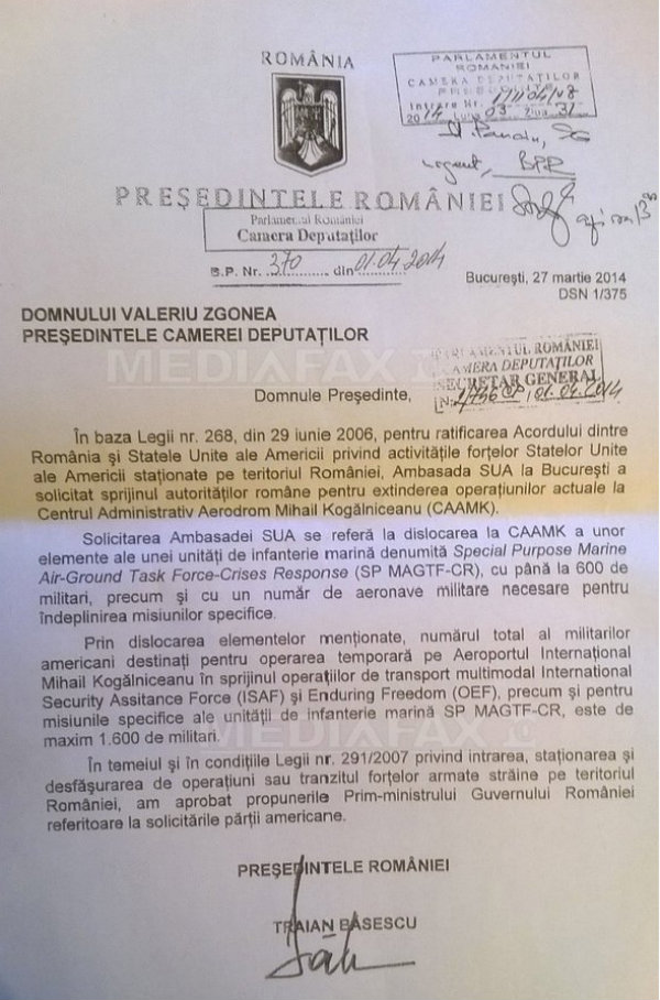 Scrisoarea trimisă de preşedintele Traian Băsescu către Parlament