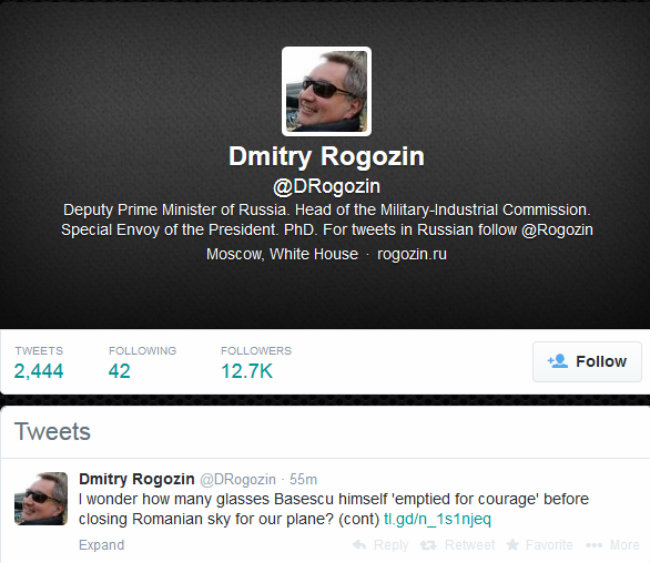 Dmitri Rogozin răspunde pe Twitter  acuzaţiilor lui Traian Băsescu privind consumul de alcool 