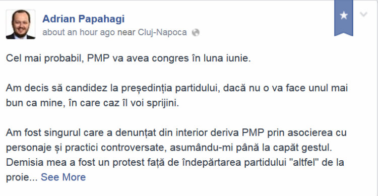 Adrian Papahagi anunță pe Facebook că a decis să candideze la șefia PMP 
