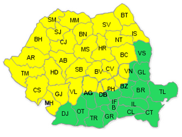 Harta județelor afectate de codul galben de ploi și vijelii. Foto: ANM