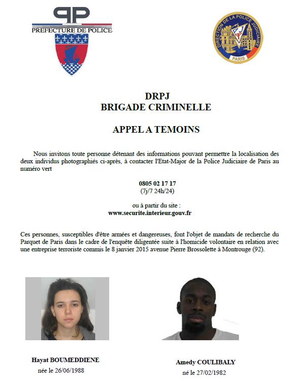Amedy COULIBALY şi Hayat BOUMEDDIENE. Sursă foto: Twitter Prefecture de Police France