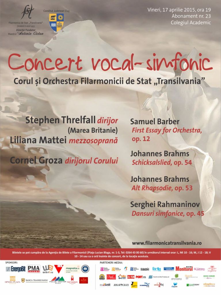 Afişul concertului  vocal-simfonic, sub bagheta maestrului Stephen Threlfall la Filarmonica din Cluj
