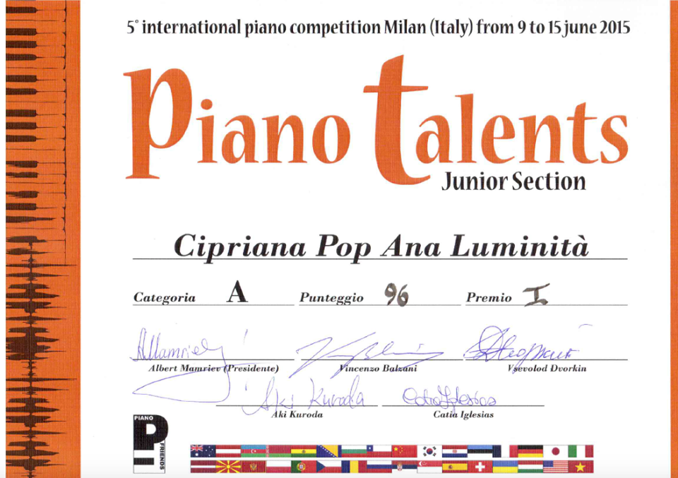 Pianistă clujeană de numai 7 ani, premiată la o prestigioasă competiţie internaţională
