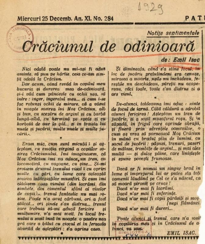 Craciunul descris de Emil Isac, ziarul Patria, 1925