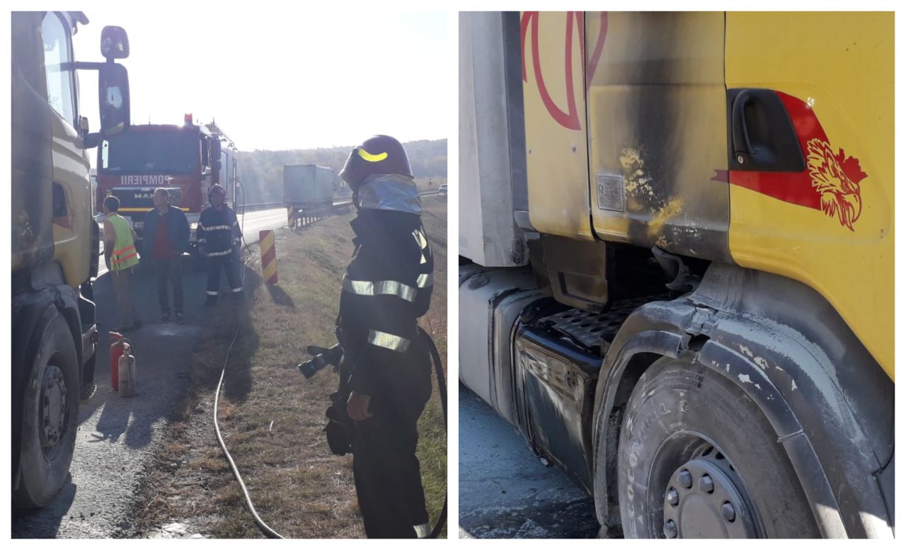 Un camion încărcat cu rumeguș și crengi a luat foc pe centura Apahida-Vâlcele, sursă foto: ISU Cluj