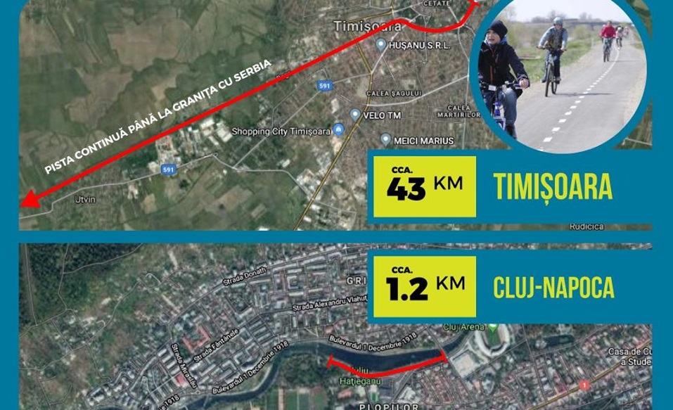 Cluj-Napoca, „bătută măr” de Timișoara la capitolul piste pentru biciclete, sursă foto: Facebook Adrian Dohotaru