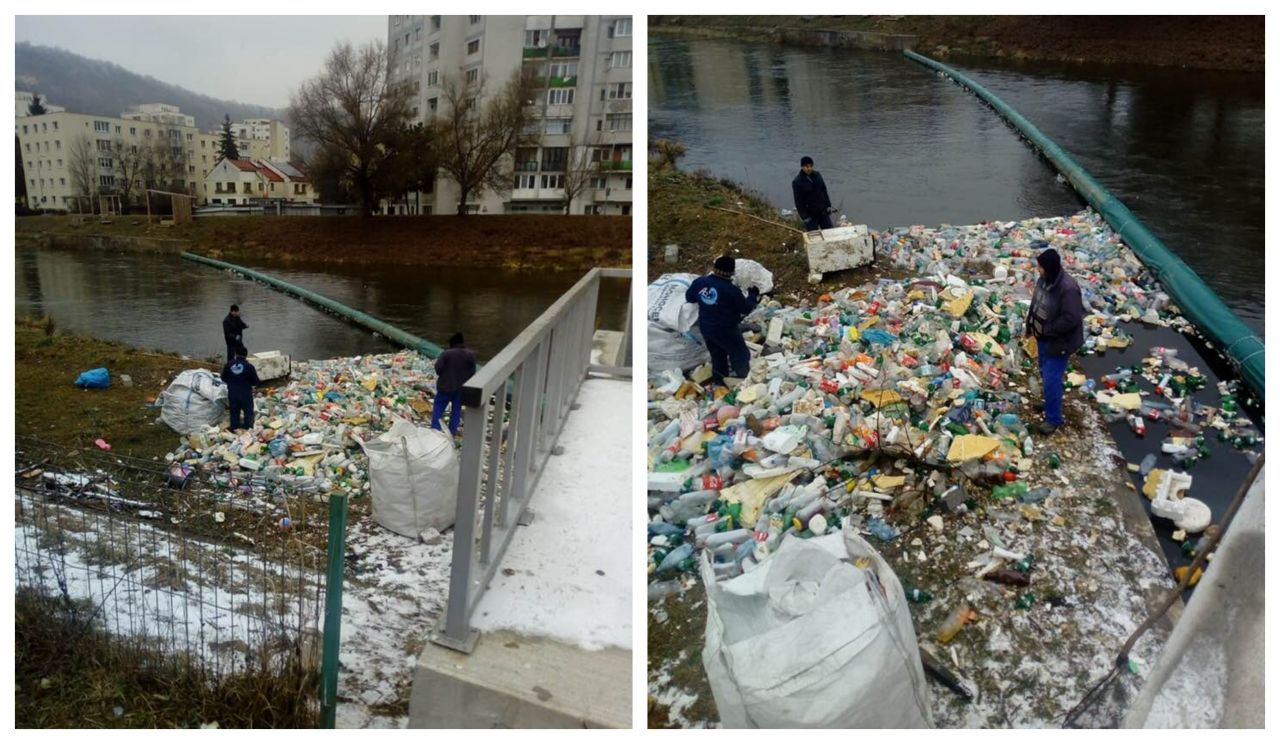 RUȘINOS! Barajul plutitor din Grigorescu abia mai face față MORMANELOR DE GUNOAIE de pe Someșul Mic, sursă foto: Facebook Gheorghe Șurubaru