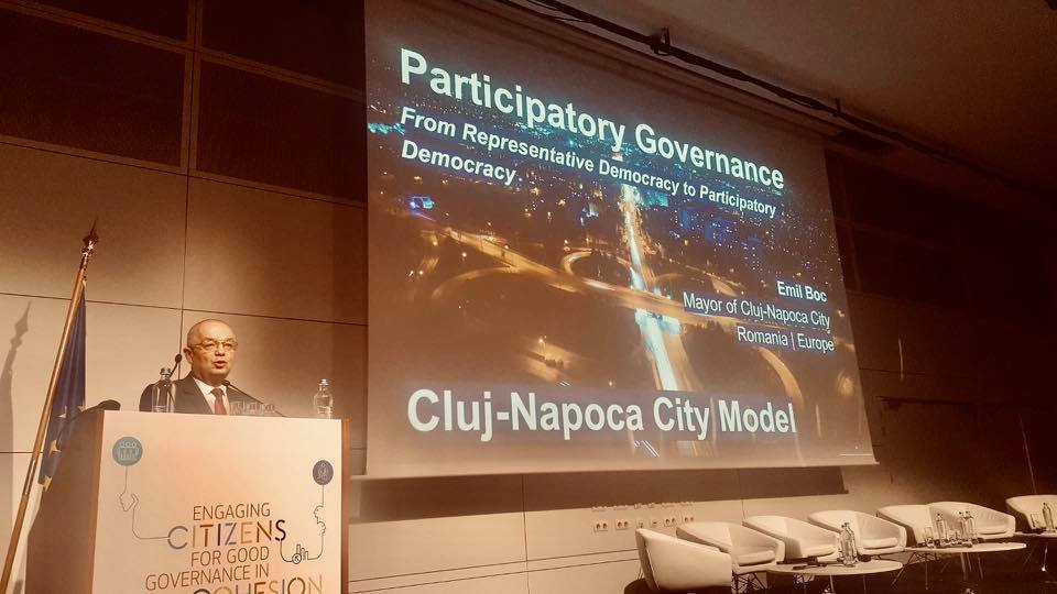 Boc se mândrește cu Bugetarea participativă la Bruxelles. Modelul Cluj-Napoca, prezentat experților UE, sursă foto: Facebook Emil Boc