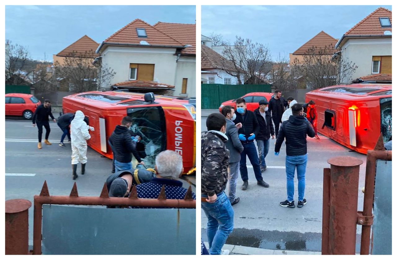 Echipaj SMURD răsturnat pe strada G. Garibaldi. Transporta români proaspăt reveniți din Franța!, sursă foto: Info Trafic jud. Cluj