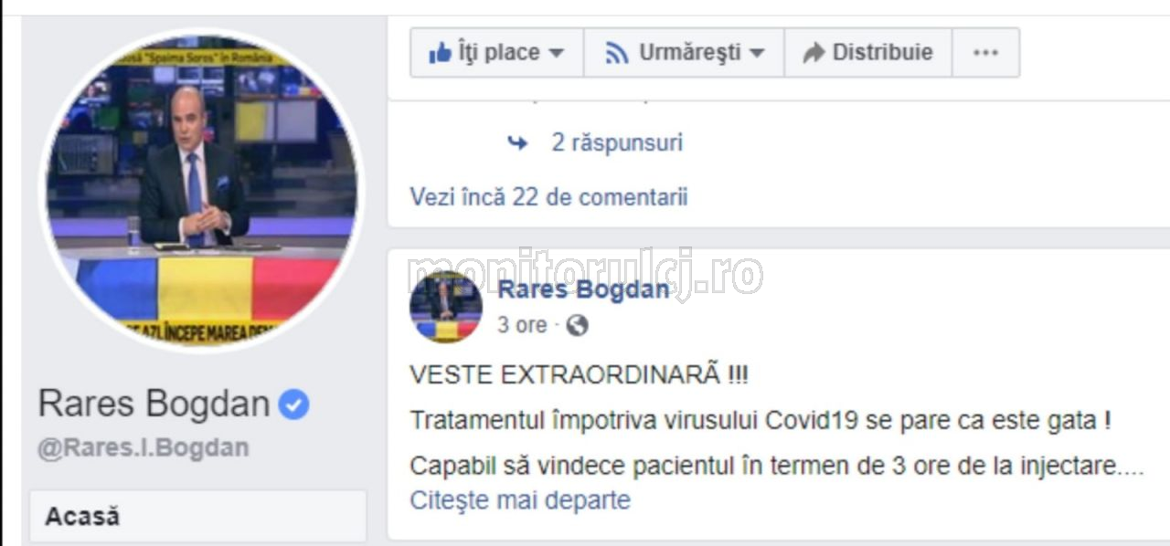 Un imens FAKE-NEWS despre tratarea coronavirusului, propagat online de politicianul clujean Rares Bogdan