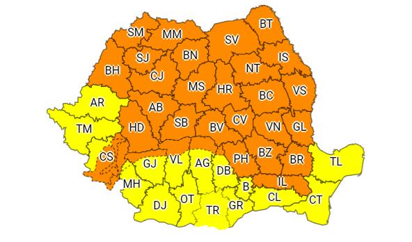 Cod portocaliu de vreme rea în majoritatea județelor