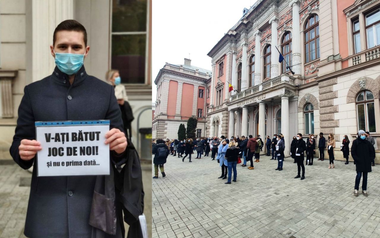 130 de avocați din Baroul Cluj au protestat la Curtea de Apel. „Nu mai există drept la apărare. Avocatul este considerat complicele clientului”
