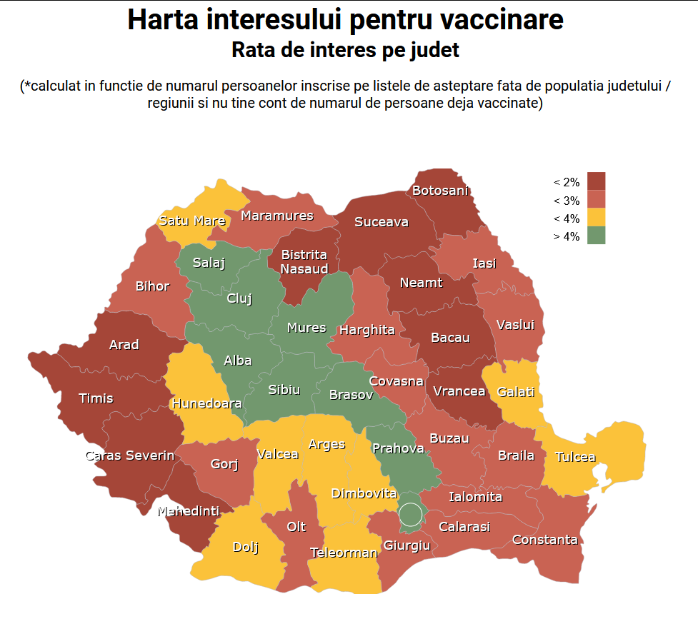 Cluj, în vârful județelor privind rata de interes în vaccinare. Numărul persoanelor de pe liste de așteptare, raportat la populație