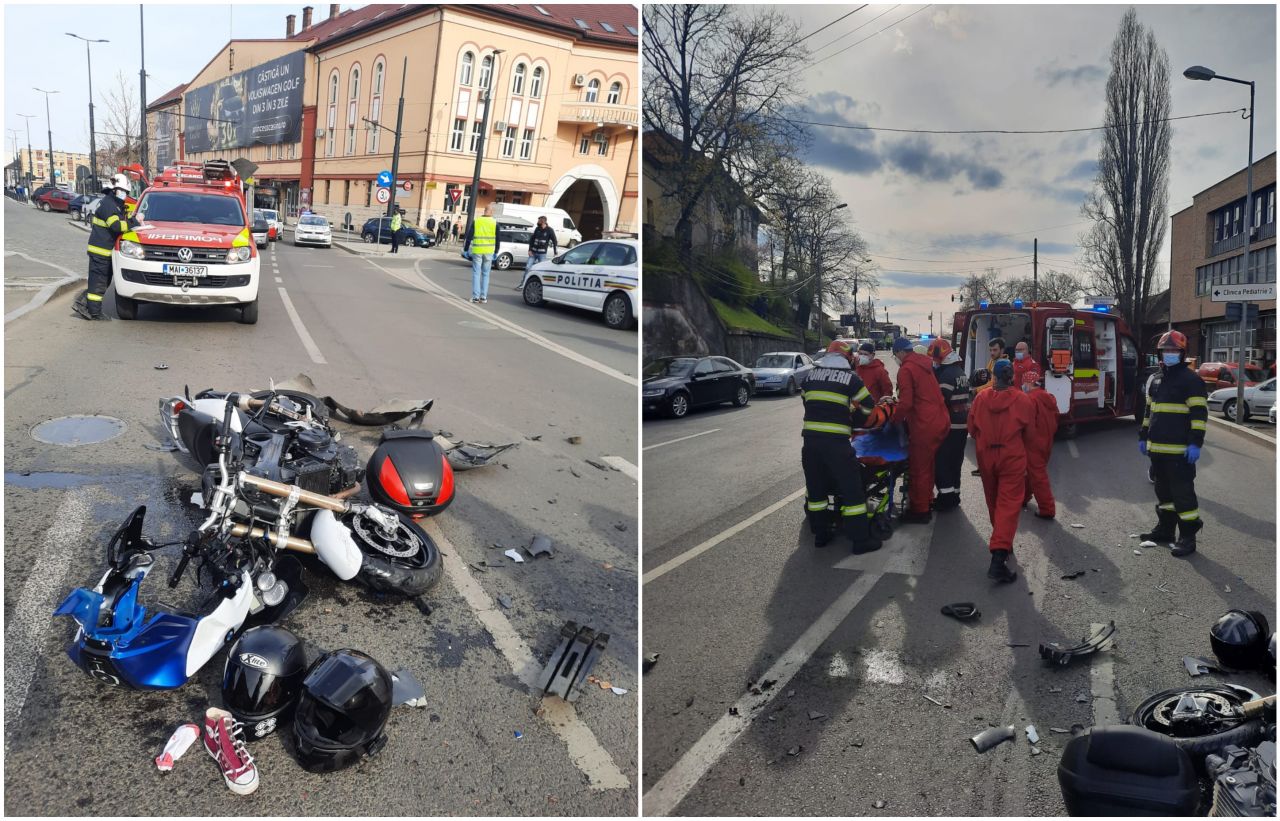 Accident cu o mașină și un motociclist în Piața Gării! Echipajele de salvare au intervenit. FOTO