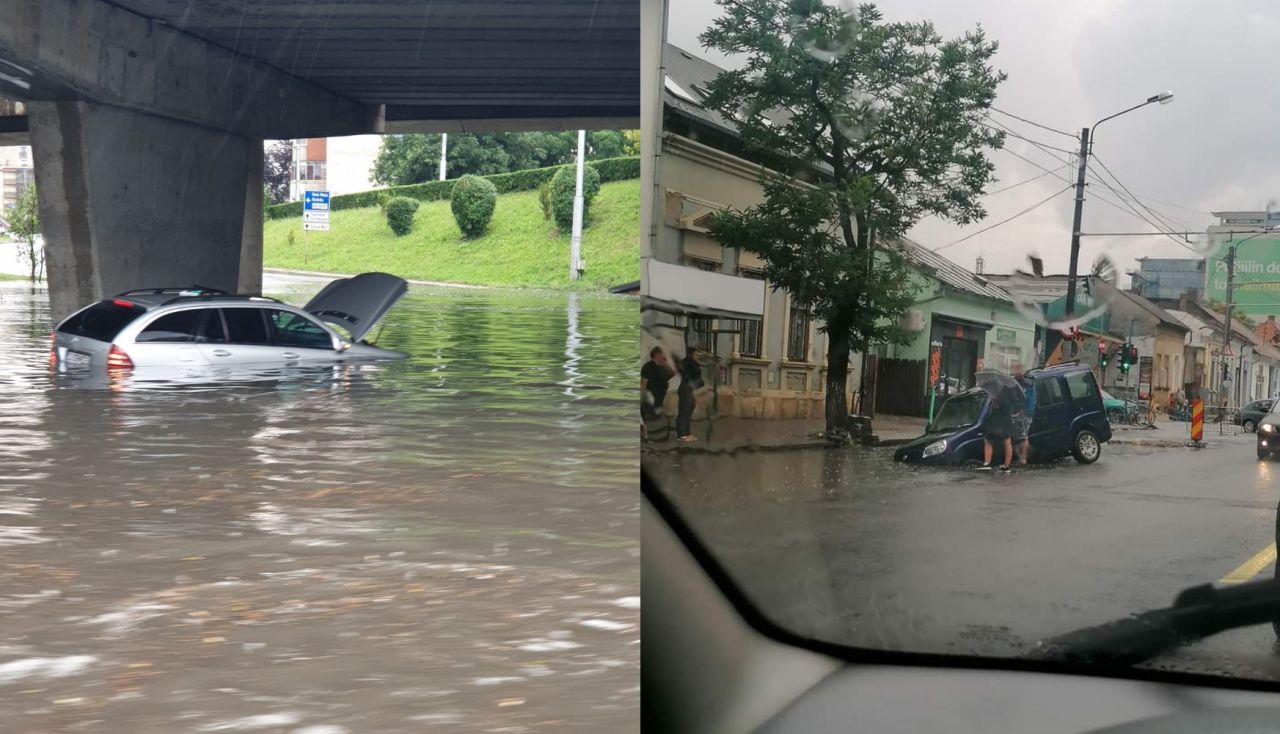 Furtuna face ravagii în Cluj! Mașini blocate de inundații, copaci căzuți și subsoluri inundate