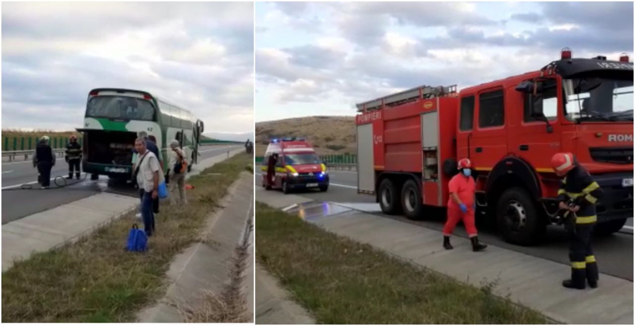 VIDEO. Un autocar cu 36 de persoane a luat FOC pe Autostrada A3, Turda-Gilău