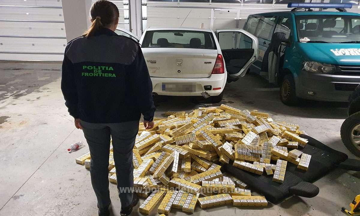 Țigări de contrabandă în valoare de 100.000 lei, confiscate la granița de nord. Mașină a Poliției de Frontieră, lovită de unul dintre contrabandiști