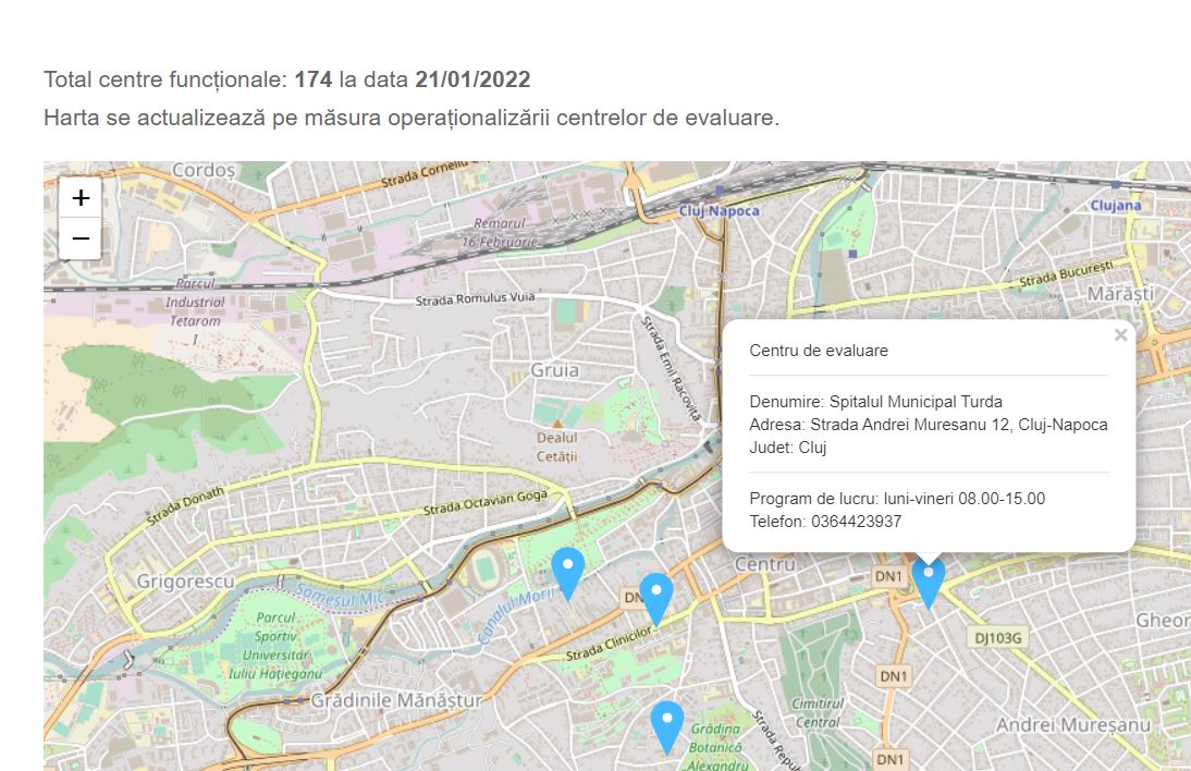 Harta centrelor de evaluare Covid, greșită! Spitalul din Turda apare în centrul orașului Cluj-Napoca pe hartă
