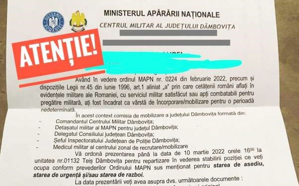 Ordine FALSE de înrolare în armată distribuite online în România. MApN a sesizat Parchetul