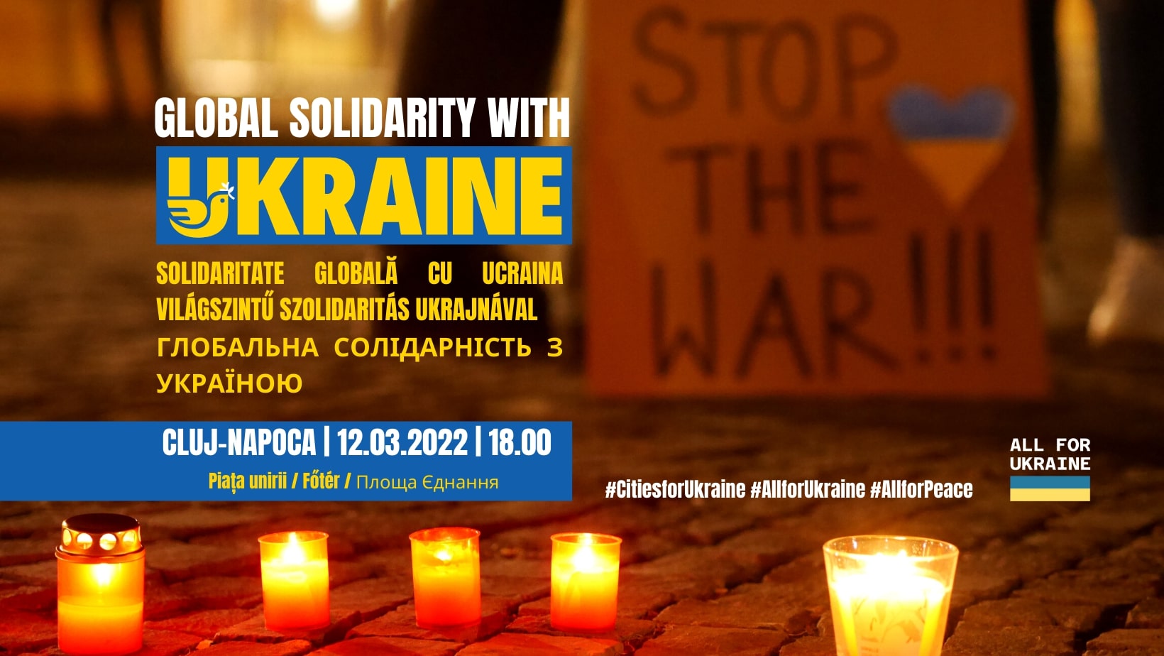Clujenii se adună în Piața Unirii în semn de solidaritate cu Ucraina