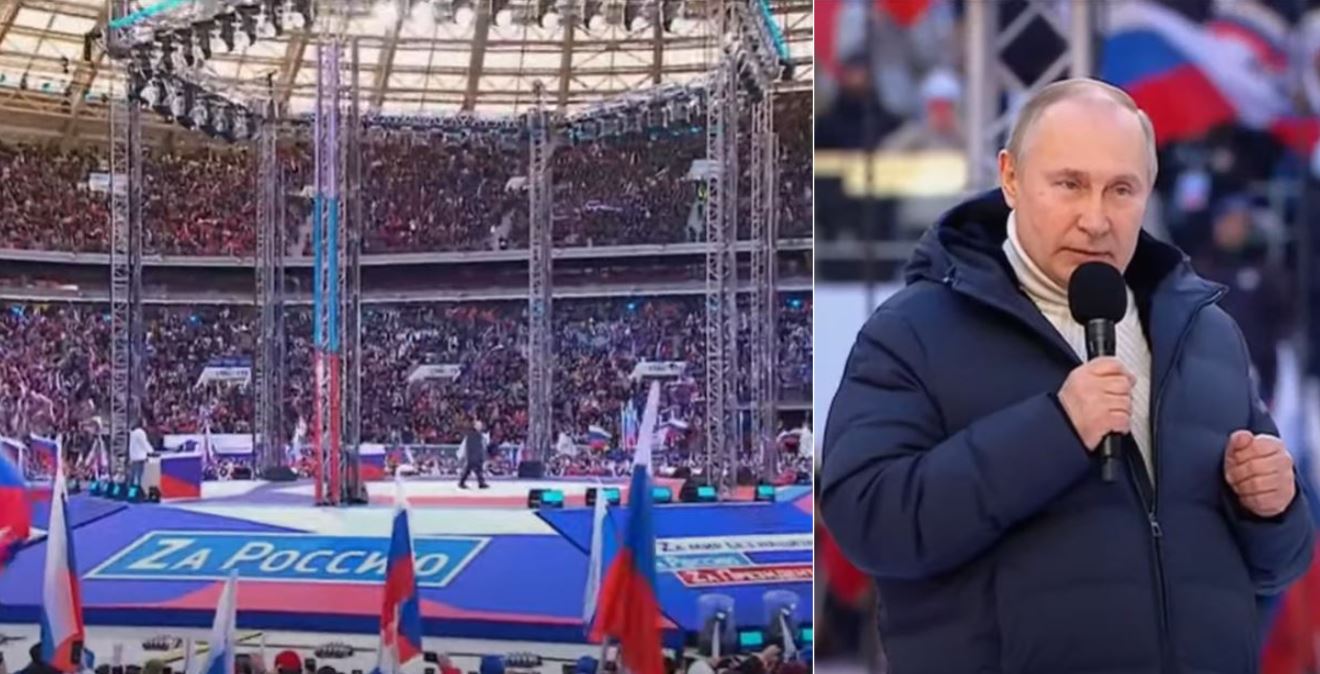 Vladimi Putin, aclamat de mii de oameni pe un stadion din Moscova, în timpul războiului pe care l-a pornit/ Sursă foto: captură ecran - video atașat articolului