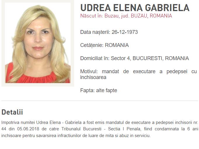 Elena Udrea a fost dată în urmărire generală de Poliția Română/ Sursă foto: Poliția Română