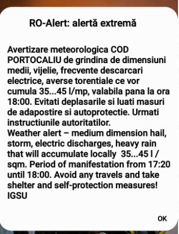 Încă un mesaj RO-Alert de COD PORTOCALIU de furtună, emis în Cluj. 10 comune din județ afectate / Foto: ISU Cluj
