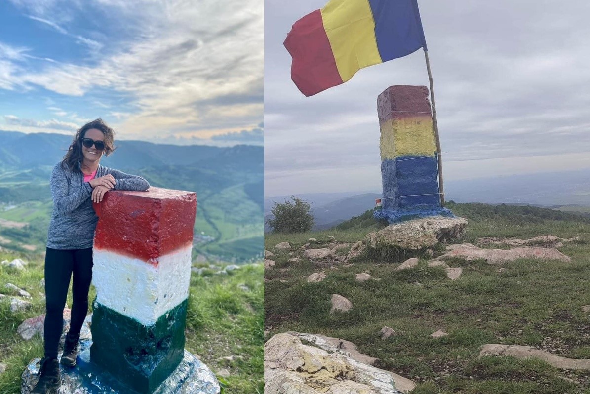 La mai bine de o săptămână de la vizita oficialului maghiar, borna a fost revopsită în culorile României/ Foto: 1. Novák Katalin - Facebook/ 2. George Simion - Facebook