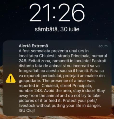 Mesaj Ro-Alert în Chiuiești, Cluj! A fost semnalată prezența unui URS / Foto: WhatsApp - Alex Prunean