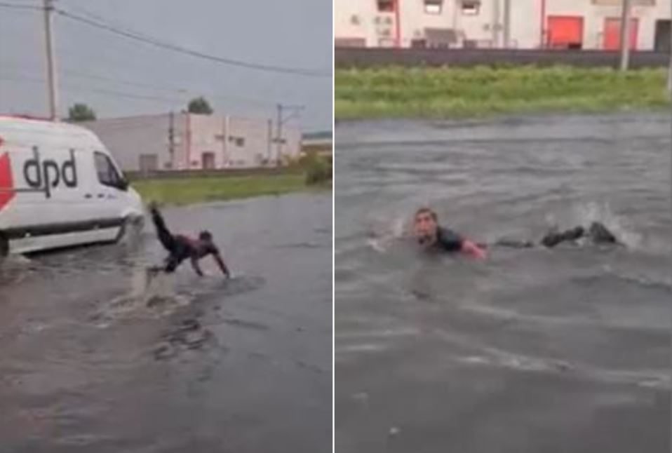 Un tânăr din Sibiu a înotat pe lângă mașini pe şoseaua inundată / Foto: captură ecran - Facebook