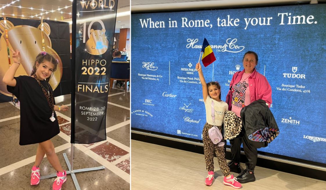 Alma, fetiță de 7 ani din Cluj, a reprezentat România la Roma, la olimpiada mondială de Limba Engleză, alături de profesorul însoțitor / Foto: Mihaela Păsculescu