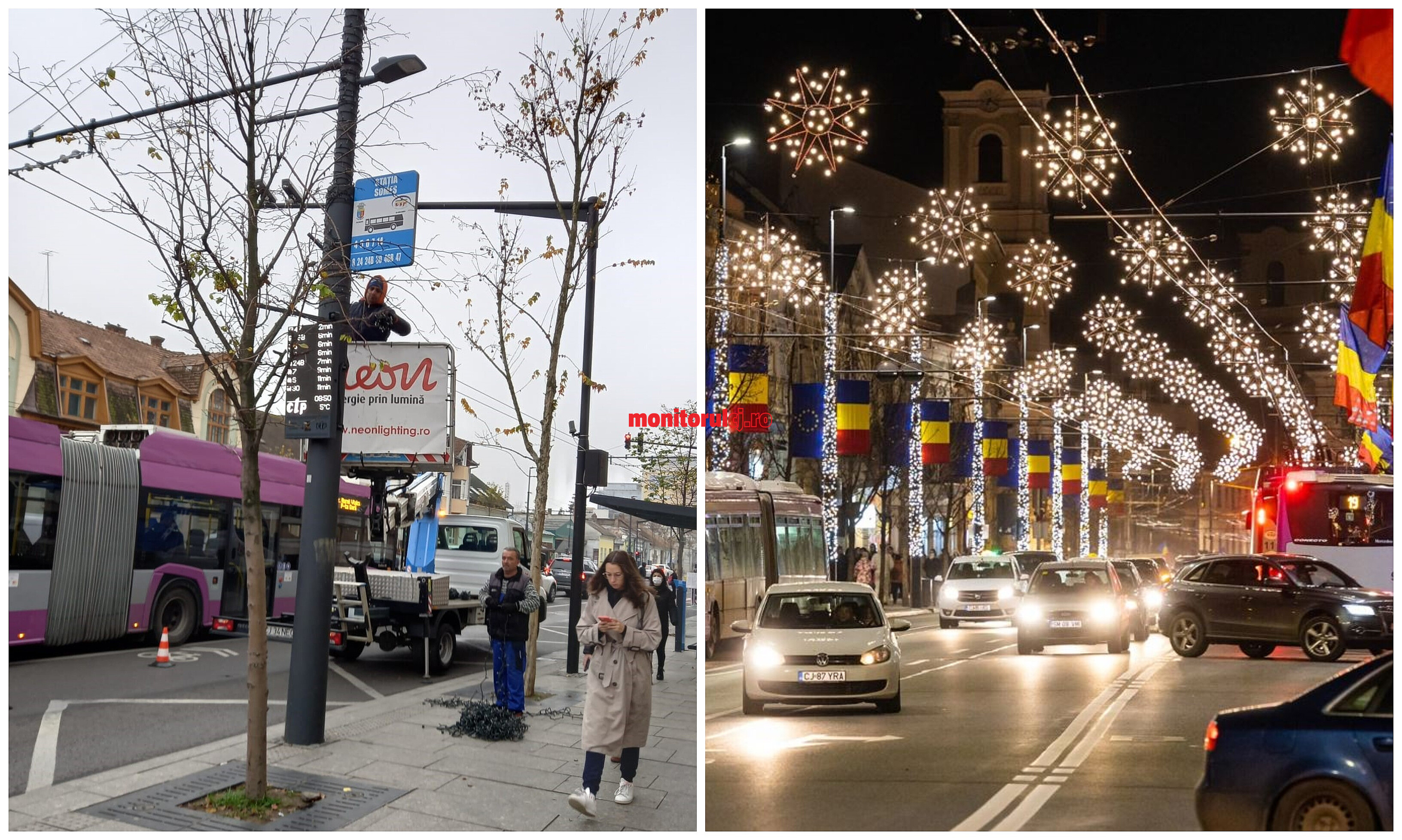 Se instalează iluminatul festiv. FOTO 1: Monitorul de Cluj; FOTO 2: Facebok/ Municipiul Cluj-Napoca