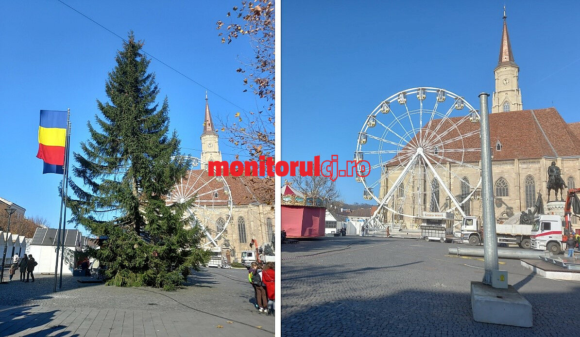 Roata panoramică și bradul au ajuns în centrul orașului/ FOTO: monitorulcj.ro