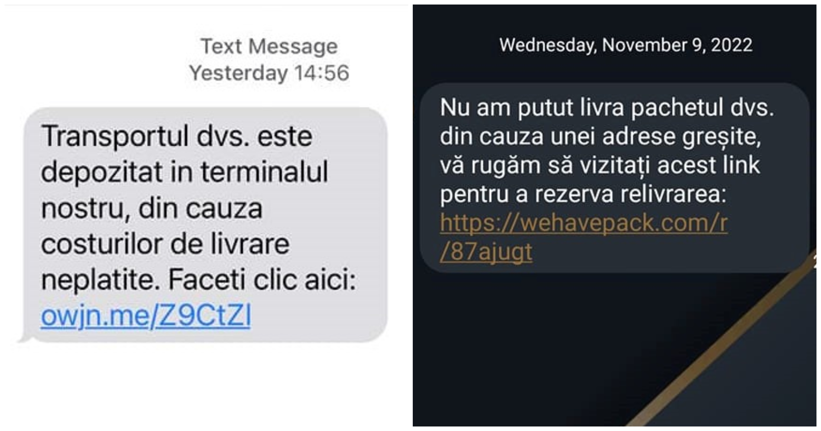 Mesaje false de la pretinși curieri, primite de români după Black Friday. FOTO: Facebook