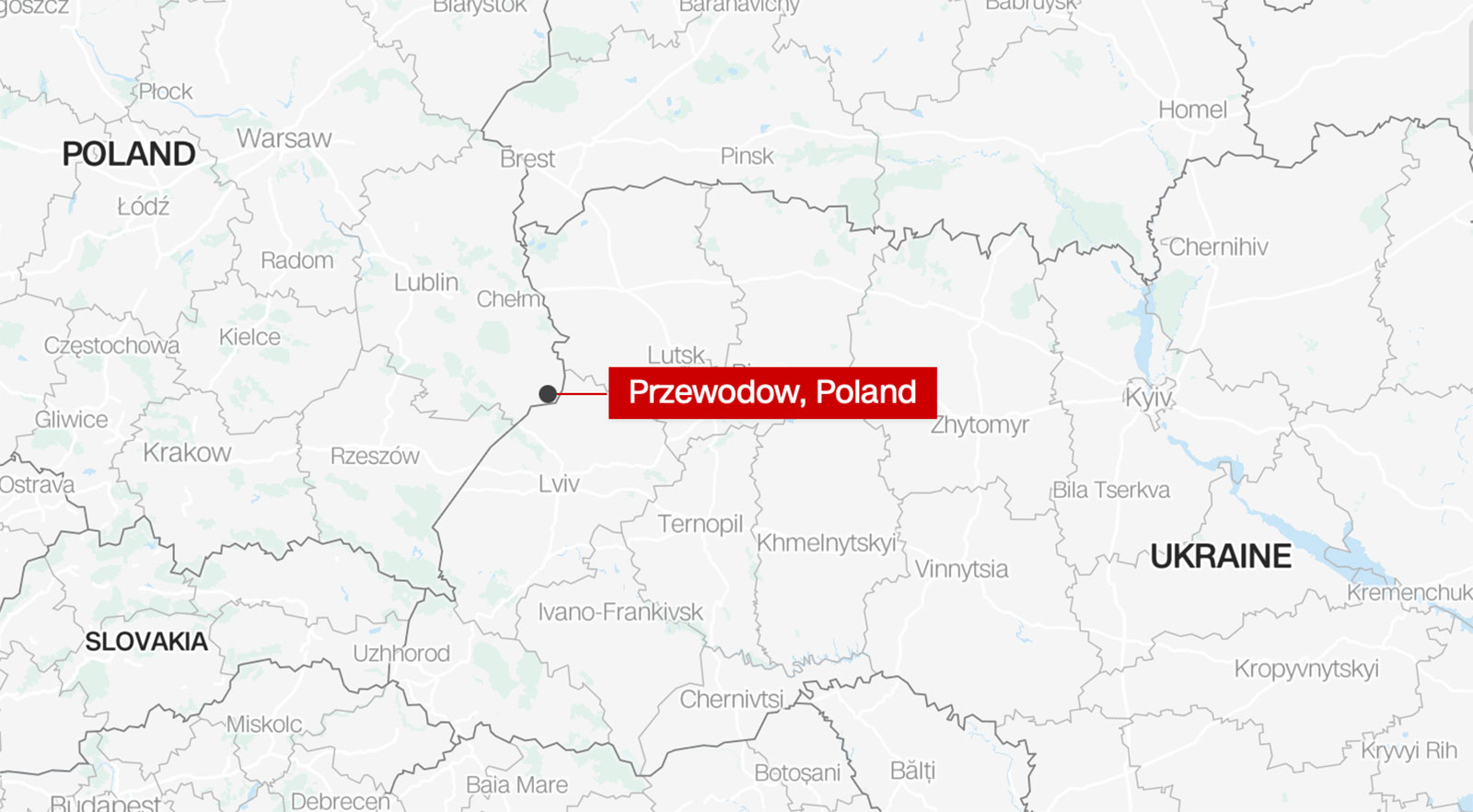 Două rachete rusești au căzut într-un oraș de graniță din Polonia. Foto: CNN/ MapBox