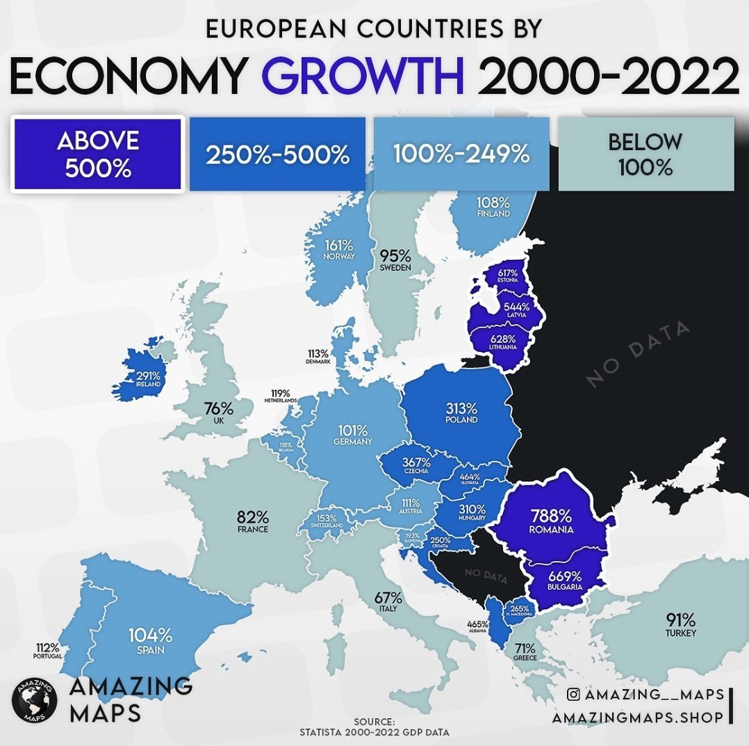 România a înregistrat cea mai mare creștere economică din Uniunea Eurpeană între anii 2002-2022 / Foto: Amazing Maps
