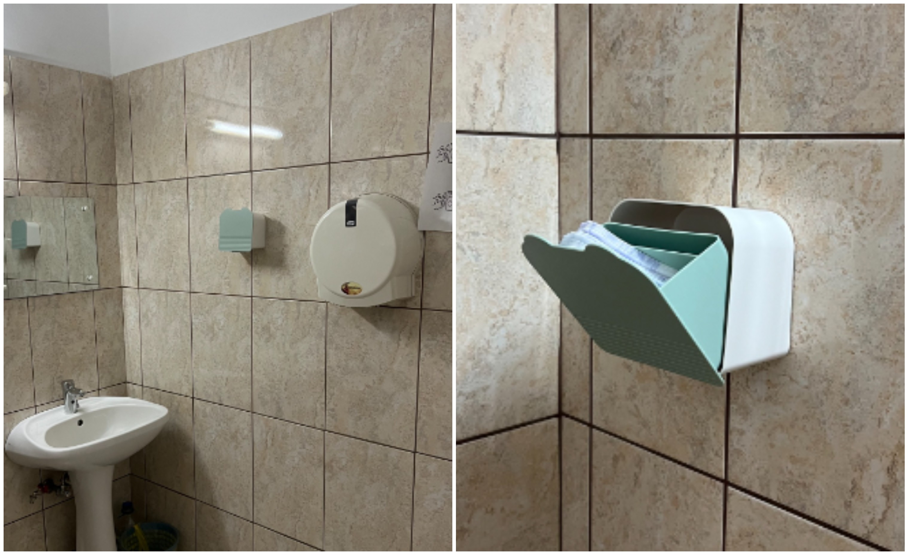 Dispensere cu absorbante gratuite pentru situații de urgență, instalate în toaletele unei facultăți din Cluj-Napoca / Foto: FSPAC - Facebook