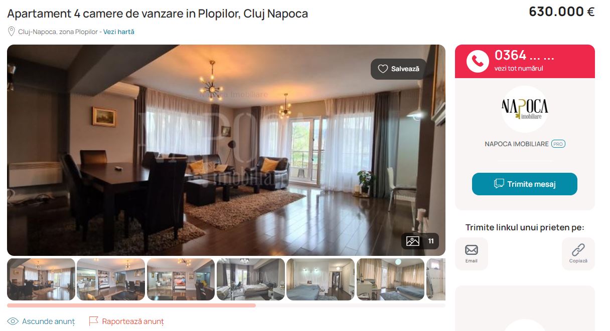 Apartament cu 4 camere din Plopilor, scos la vânzare mai scump decât un penthouse cu 4 terase din Gheorgheni / Foto: captură ecran - imobiliare.ro