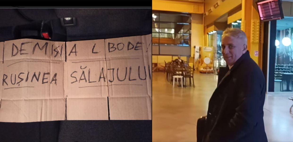 Bode, întâmpinat de un protestatar pe Aeroportul Internațional Cluj / Foto: Facebook - captură ecran - Daniel Coste